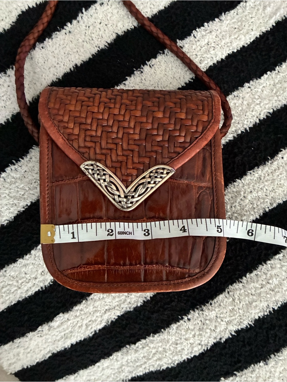 Brighton Cognac Brown Leather Basket Weave Crocodile Stamp  Mini Crossbody EUC - Picture 9 of 10